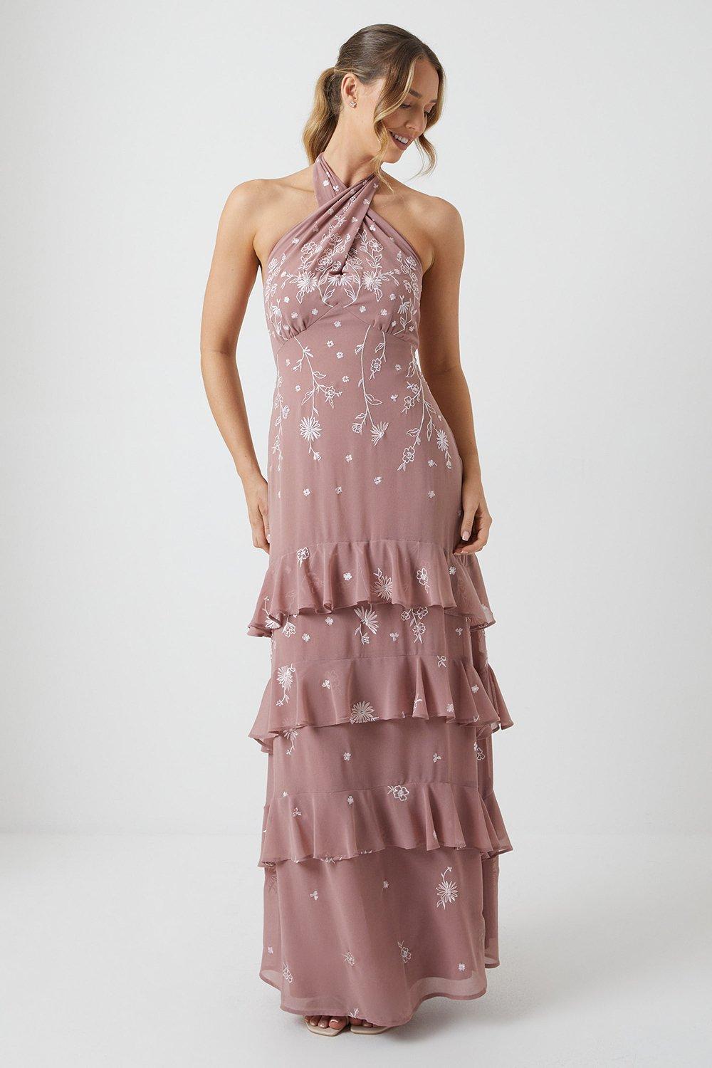 Trailing Floral Embroidered Tie Back Bridesmaid Maxi Dress - Pink